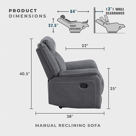Lexicon Manual Double Reclining Sofa, Polished Microfiber Upholstered 3 Seater Manual Sofa Recliner for Living Room, Wall Hugger, Easy Assembly, Gray