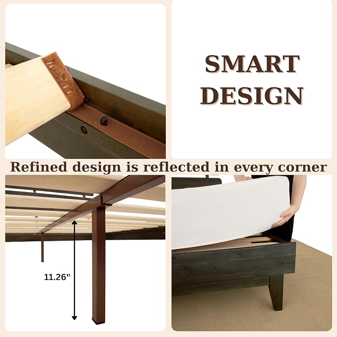 Bme Caden King Size Bed Frame and Adjustable Headboard, 15 Inch Mid Century Retro Style - Solid Acacia Wood - No Box Spring Needed - 12 Strong Wood Slat Support - Easy Assembly - Charcoal Mocha