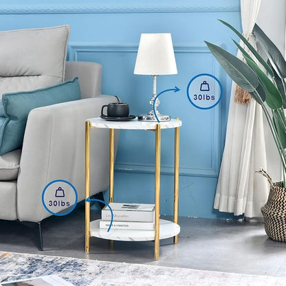 Round End Table with Faux Marble Top, 2-Tier Gold Side Table | Modern Accent Table with Gold Metal Frame for Living Room, Bedroom & Small Spaces