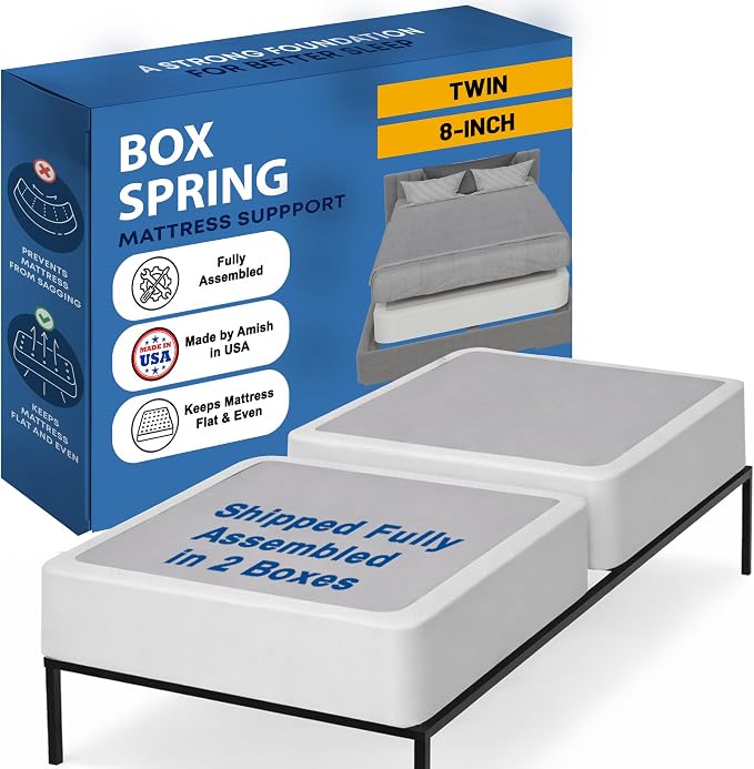 Greaton, Box Spring Bed Base Twin Size, 8-Inch Wood Mattress Foundation – Amish Made in USA – Quiet Noise Free, 2-Pieces Under Mattress-Support BoxSpring, Fully Assembled, White