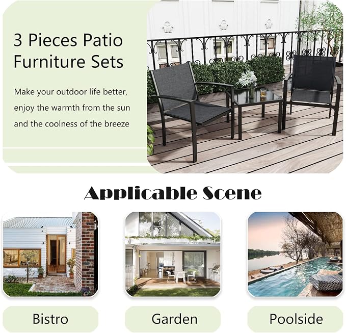 Greesum 3 Pieces Patio Furniture Set Outdoor Conversation Textilene Fabric Chairs for Lawn, Garden, Balcony, Poolside with A Glass Coffee Table, Black