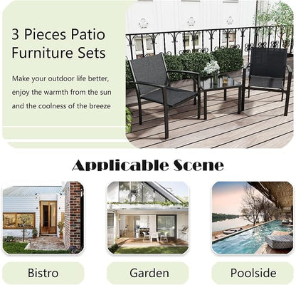 Greesum 3 Pieces Patio Furniture Set Outdoor Conversation Textilene Fabric Chairs for Lawn, Garden, Balcony, Poolside with A Glass Coffee Table, Black