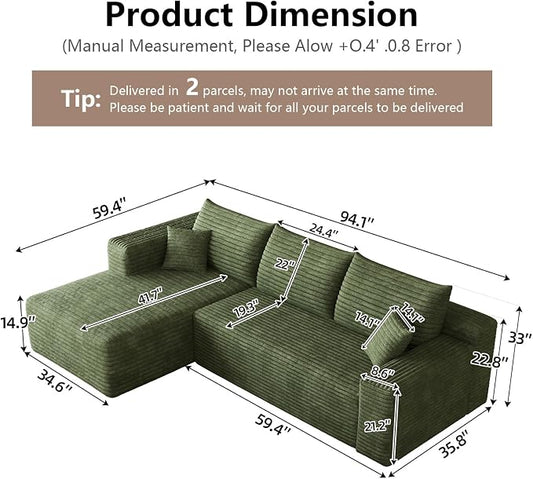 95" Cloud Sectional Couch with L-Shape Chaise, Modular Comfy Sofa Chaise Longue, Upholstered Corduroy Couches Sleeper with Deep Seat for Living Room Bedroom, No Assembly Required(Green, Left Facing)