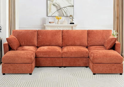 110” Chenille 4-Seats Sofa W/Two Movable Ottomans, Orange | Modern Fabric U-Shaped Couch w/Soft Backrests, Upholstered Sectional Sofa w/Arm Pillows for Living Room, Office