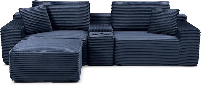 ivoros 111 Inch Modular Sectional Sofa Couch, Oversized Modern Cloud Couch for Living Room, L Shape Couches with Ottomans, USB Ports and Cup Holders, Blue Corduroy Boneless Sofas, Sofa in a Box
