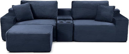 ivoros 111 Inch Modular Sectional Sofa Couch, Oversized Modern Cloud Couch for Living Room, L Shape Couches with Ottomans, USB Ports and Cup Holders, Blue Corduroy Boneless Sofas, Sofa in a Box