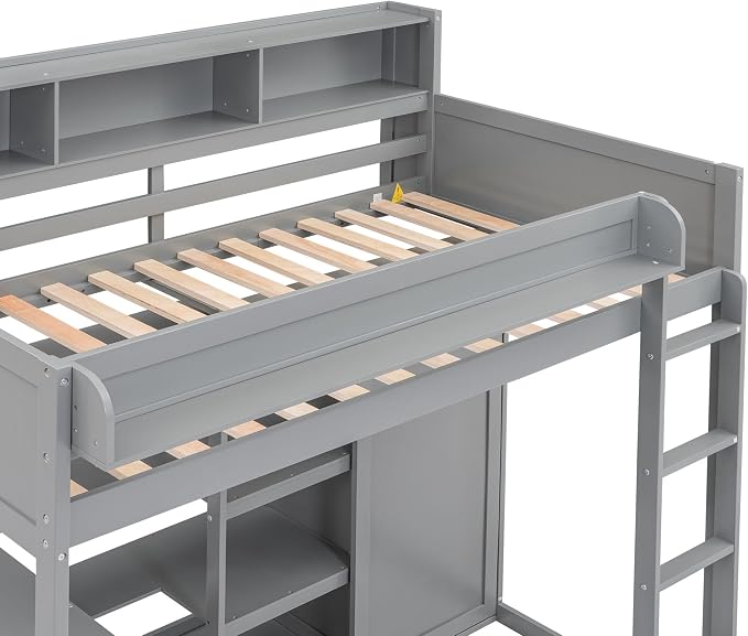 Ball & Cast Twin Size Loft Bed with Stair & Safety Guardrail,Wood Bedframe with Storage Drawer,2 Wardrobes & Mirror,Space Saving,No Box Spring Needed,Versatile Bedroom Furniture for Boys Girls,Gray