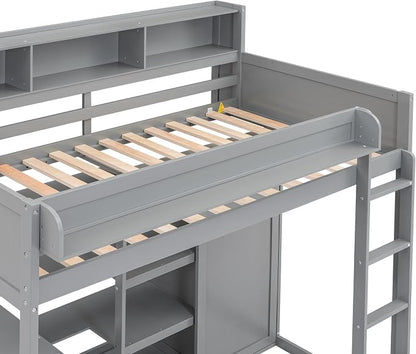 Ball & Cast Twin Size Loft Bed with Stair & Safety Guardrail,Wood Bedframe with Storage Drawer,2 Wardrobes & Mirror,Space Saving,No Box Spring Needed,Versatile Bedroom Furniture for Boys Girls,Gray