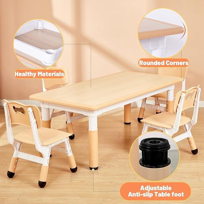 FUNLIO 23.6in*47.2in Adjustable Kids Table, 3-Level Height for Ages 3-8, Easy to Wipe Arts & Crafts Toddler Table for Classrooms/Daycares/Homes, CPC & CE Approved - Natural