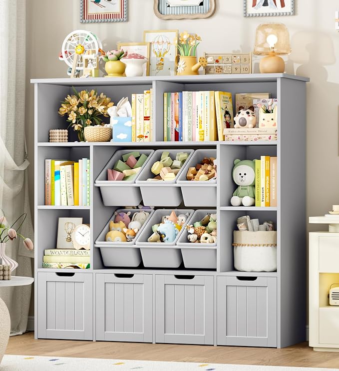 FINETONES Toy Storage Organizer with 6 Toy Bins, Toy Organizer Kids Bookshelf with 4 Movable Drawers and 6 Storage Cubbies, Toy Bins for Kids Organizer Playroom Storage for Living Room, Grey
