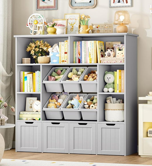 FINETONES Toy Storage Organizer with 6 Toy Bins, Toy Organizer Kids Bookshelf with 4 Movable Drawers and 6 Storage Cubbies, Toy Bins for Kids Organizer Playroom Storage for Living Room, Grey