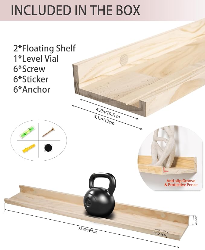 MBYD 36 Inch Natural Pine Wood Floating Shelves for Bedroom, Wide Picture Ledge Set of 2, Wall Mount Unfinished Shelf Can be Stained Nursery Book Shelves for Kids Bedroom Living Room Bathroom Kitchen