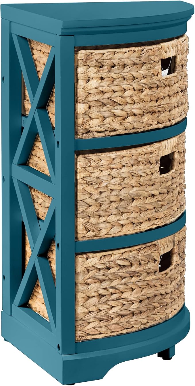 eHemco Hampton Meadows 3 Tier X-Side Corner Table Storage Cabinet, Teal | 3 Wicker Baskets