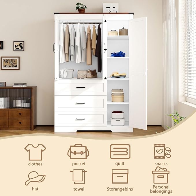 Farmhouse Wooden Armoire Storage Cabinet with Adjustable Shelves & Hanging Rod, 3 Doors Wardrobe Armoire Closet with Drawers, 70" Freestanding Clothing Storage Cabinet for Bedroom (3 door, White-1)
