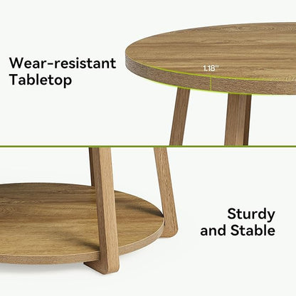 LITTLE TREE Round Coffee Table, 2-Tier Center Table with Storage, Wooden Legs, 31.5 Dia. x 19.6 H Inches, Easy Assembly, Circle Coffee Tables for Living Room, Bedroom