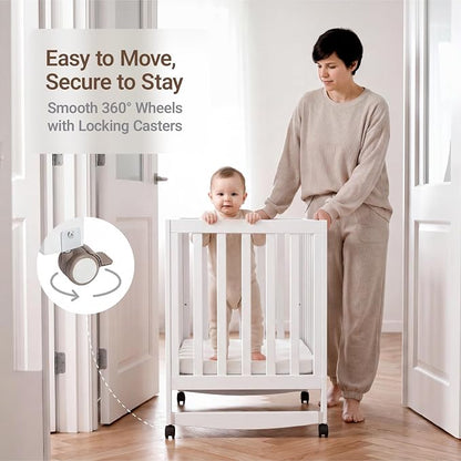 MAMAZING EvoNest 6-in-1 Convertible Baby Mini Crib with Wheels | GREENGUARD Gold Certified, New Zealand Pine Wood, 4 Adjustable Heights, Rocking Mode, Small Spaces Design, White