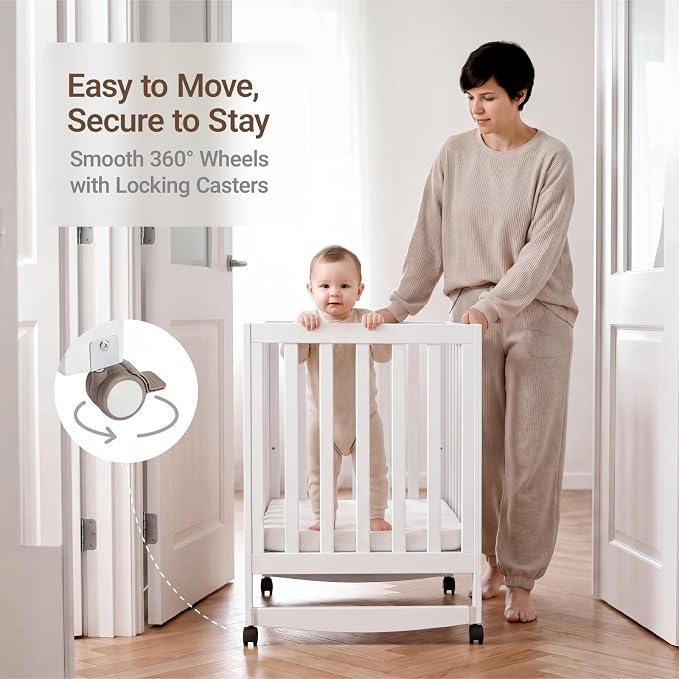 MAMAZING EvoNest 6-in-1 Convertible Baby Mini Crib with Wheels, GREENGUARD Gold Certified, 4 Adjustable Mattress Heights, 100% New Zealand Pine Wood, Portable Woodern Crib for Small Spaces, White