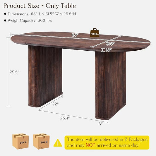 T4TREAM 63" Fluted Oval Dining Table for 4-6, Mid-Century Modern Kitchen Table with Thickened Edge & Strip Pedestal Base, Wood Luxury Table for Dining Room/Kitchen/Home Office, Walnut (Table Only)