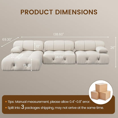 104" Convertible Modular Sectional Sofa, L-Shaped Velvet Sectional Couch with Chaise Ottoman, Minimalist Modern Sofas for Living Room Bedroom Office Apartment (Beige)