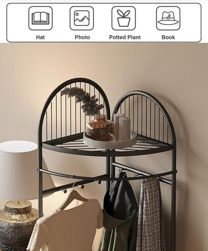 HKaikzo Corner Hall Tree, Coat Rack with 6 Metal Movable Hooks and Storage Basket Coat Rack Design Clothing Rack for Bedroom Entryway Hallway