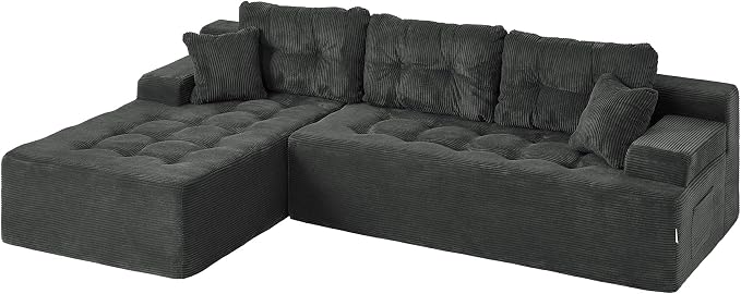 Hobestluk Modular Sectional Sofa Couches L-Shape Couch 3 Seat Modular Sofa Memory Foam Sectional Couches for Living Room, Cloud Couch with Oversized Chaise (Charcoal Corduroy, 96", Left Hand Facing)