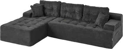 Hobestluk Modular Sectional Sofa Couches L-Shape Couch 3 Seat Modular Sofa Memory Foam Sectional Couches for Living Room, Cloud Couch with Oversized Chaise (Charcoal Corduroy, 96", Left Hand Facing)