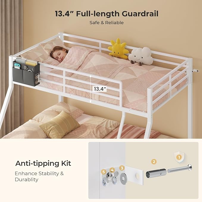 BTHFST Bunk Bed Twin Over Full with Trundle, LED Lights Bunk Beds with 6 Large Storage Drawers, Metal Bunk Beds with Ladder and Full-Length Guardrail, Space Saving, White