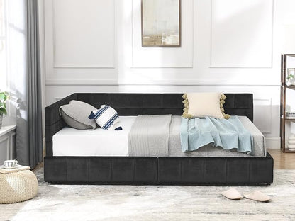 KEIKI Full Size L Shape Corner Bed Frames with 2 Storage Drawer, Backrest and Armrests, Velvet Upholstered Sofa Daybed for Small Room, Living Room, Bedroom, Guest Room, Kids' Room