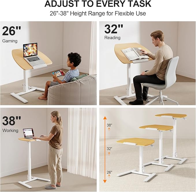 ROMOON Foldable Small Standing Desk with No-Assembly Design, Rolling Height-Adjustable Sit-Stand Table with Wheels, Space-Saving Portable Laptop Cart for Home Office and Small Space (Natural Oak)