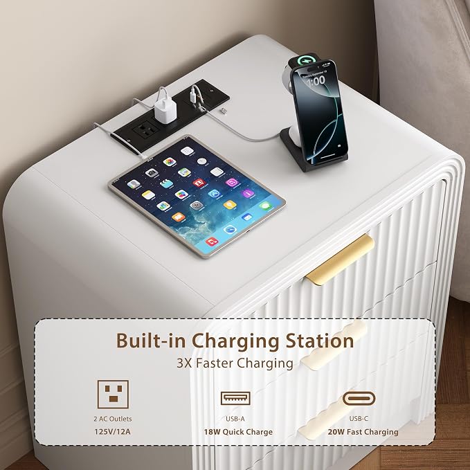 Decofy Fluted Nightstand with Charging Station, Modern Bedroom Side Table with Gold Handles, Curved Profile Design, End Table Wood Organizer for Bedroom, 19.7" & 3 Drawers (1 Pack, Pure White)