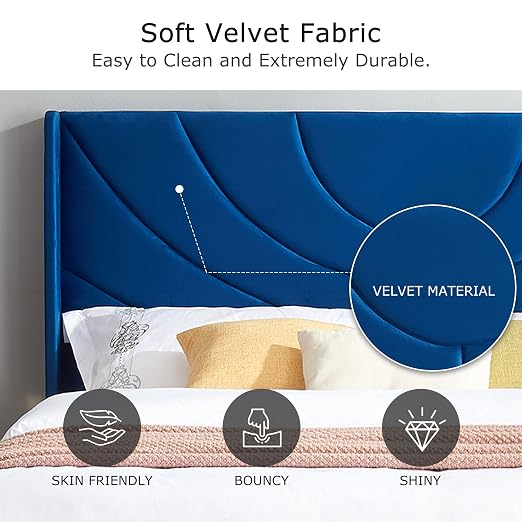 VECELO Upholstered Platform Full Bed Frame with Fabric Headboard,Wooden Slats Support/No Box Spring Needed/Mattress Foundation,Dark Blue