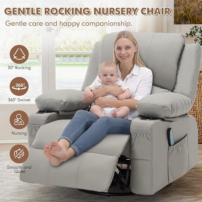 Faux Leather Recliner Chair with Heat and Massage Cup Holder, Overstuffed Swivel Rocker Recliner Chair Rocking Glider Chair Lounge Chair, Light Grey