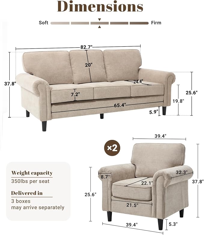 Kingfun 3 Seater Couch, Mid Century Modern Sofa Set with Rolled Arms and Deep Seats, Fluffy Comfort for Living Room, Apartment, Easy Assembly, Khaki