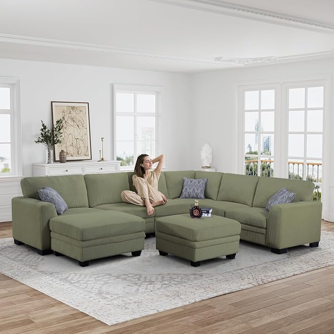 Legend Vansen Oversized Modular Sectional Sofa,8 Seat U Shaped Couch with Ottoman,Corduroy Sofa with Deep Seat,Convertible Large Sectional Couches for Living Room(Olive, U-8)