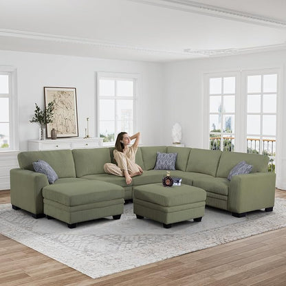 Legend Vansen Oversized Modular Sectional Sofa,8 Seat U Shaped Couch with Ottoman,Corduroy Sofa with Deep Seat,Convertible Large Sectional Couches for Living Room(Olive, U-8)