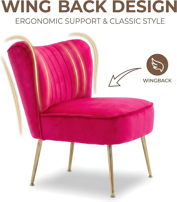 DUOMAY Modern Accent Chair Set of 2 Velvet Slipper Chair with Gold Legs Wingback Side Chair for Living Room Bedroom Entryway Small Corner Chair for Space Saving, Rose Red
