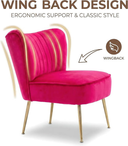 DUOMAY Modern Accent Chair Set of 2 Velvet Slipper Chair with Gold Legs Wingback Side Chair for Living Room Bedroom Entryway Small Corner Chair for Space Saving, Rose Red