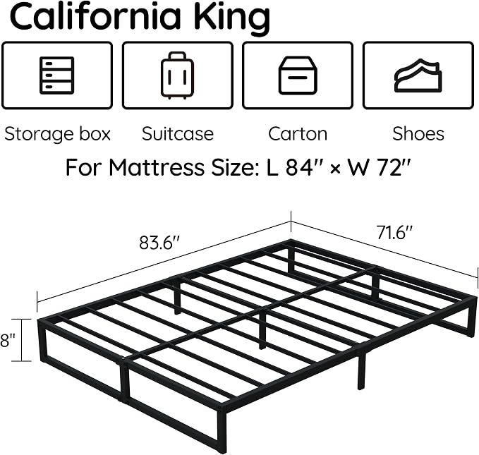 Richwanone 8 Inch Cal King Bed Frame Heavy Duty Metal Platform Bed, Black | California King Bed Frame Mattress Foundation with Steel Slat Support, No Box Spring Needed, Easy Assembly