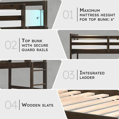 Lexicon Bunk Bed Twin Over Twin, Wooden Bed Frame with Sturdy Ladder and Safety Guard Rails, Modern Space-Saving Design, for Bedroom/Guest Room, No Box Spring Needed, Dark Brown