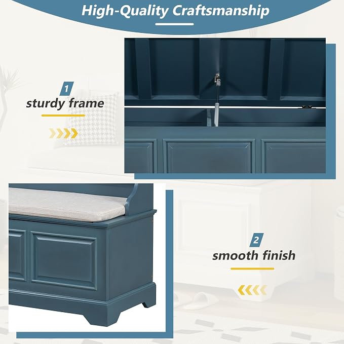 Knocbel Rustic Entry Storage Bench with Hidden Compartments and Removable Cushion, Wooden Entryway Hallway Foyer Shoe Bench Bedroom End of Bed Bench (Antique Navy and Beige)