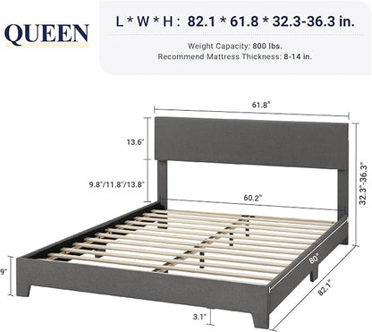 Allewie Queen Bed Frame with Adjustable Headboard, Upholstered Platform Bed with Wood Slats, Heavy Duty Mattress Foundation, No Box Spring Needed, Noise-Free, Easy Assembly, Dark Grey