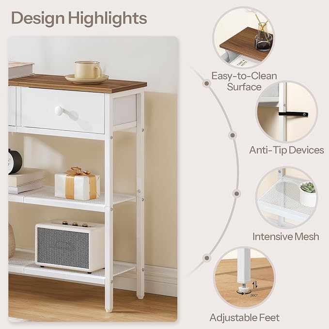 HOOBRO 29.5" Narrow Console Table with 2 Fabric Drawers, Sofa Table, Small Entryway Table with 3-Tier Storage Shelves, Behind Couch Table, for Living Room, Hallway, Walnut and White WH72XG01