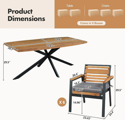 Quarte Stylish 7-Piece Acacia Wood and Iron Dining Set with Removable Cushions – Perfect for Indoor and Outdoor Family Gatherings (Gray/m+w)