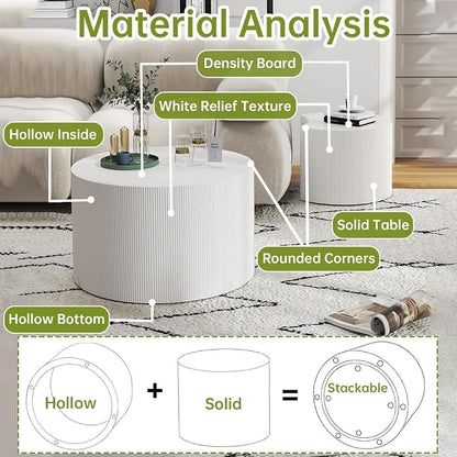 Round Nesting Coffee Table Modern White Fluted Coffee Table Set of 2 Stripe Round Coffee Tables Drum Crescent Side Table Accent End Table for Living Room (White A Small)