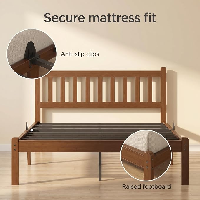 Askeld Bamboo King Bed Frame with Headboard, 14 Inch High Wood Platform Bed No Box Spring Needed, Modern Minimalist Heavy Duty Bedframe, Easy Assembly, Noise Free, Walnut Color
