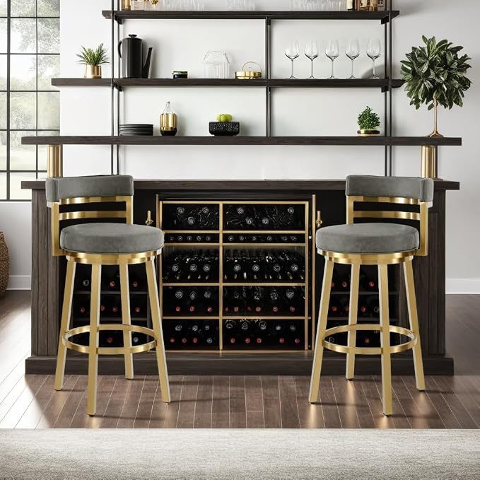 Armen Living Madrid 30" Seat Height Swivel Modern Vintage Gray Faux Leather and Gold Brushed Stainless Steel Bar Stool for Kitchen Island Counter