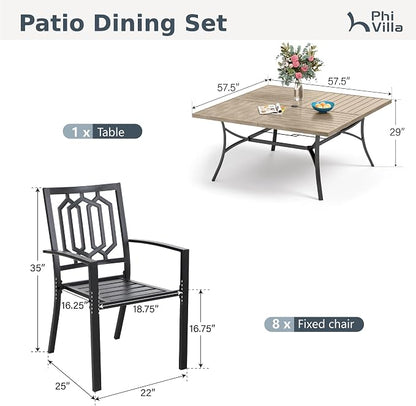 PHI VILLA 9 Pieces Outdoor Dining Set for 8, 57.5" Brown Square Iron Table with Umbrella Hole & Stackable Black Metal Steel Chairs, Large Outside Furniture Set for Patio, Deck, Yard, Porch