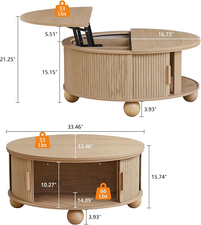 Fluted Round Lift Top Coffee Table with Hidden Storage, 33.5'' Modern Boho Center Table with Sliding Tambour Door & Solid Wood Legs, Circle Coffee Table for Living Room, Small Space, Natural