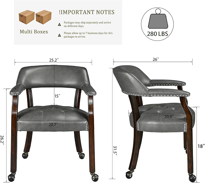 LEEMTORIG Set of 2 Large Dining Chairs with Casters and Arm, Rolling Dining Chairs with Wheel, Poker Table Chairs, Boss Caption's Chairs, 26"D x 25.2"W x 31.5"H, Espresso Legs & Dark Grey, XXY-1910-DG