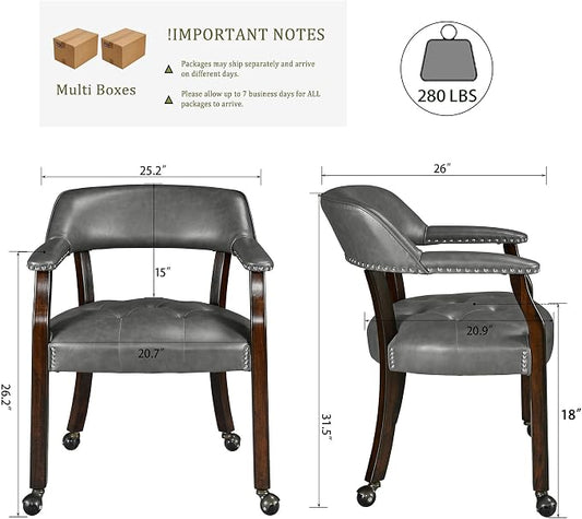 LEEMTORIG Set of 2 Large Dining Chairs with Casters and Arm, Rolling Dining Chairs with Wheel, Poker Table Chairs, Boss Caption's Chairs, 26"D x 25.2"W x 31.5"H, Espresso Legs & Dark Grey, XXY-1910-DG
